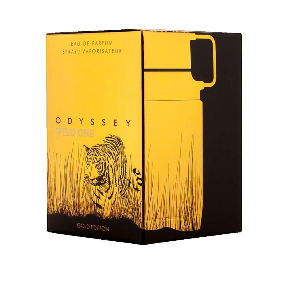 Emballage doré avec fond noir. Inscription: ODYSSEY WILD ONE GOLD EDITION. Illustration d'un tigre dans l'herbe.