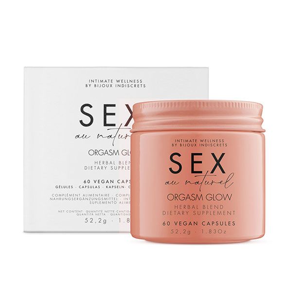 Boîte et pot roses avec texte SEX au naturel ORGASM GLOW. 60 gélules végétales. Marque Bijoux Indiscrets.