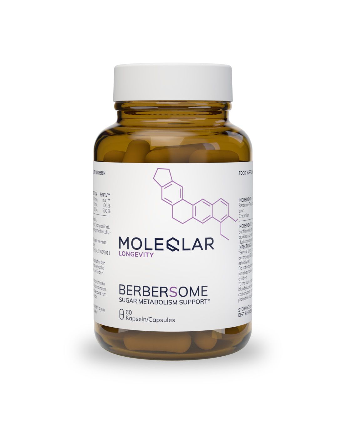 Flacon en verre brun avec bouchon blanc, contenant 60 gélules. Étiquette avec logo MoleQlar et nom du produit "Berbersome".