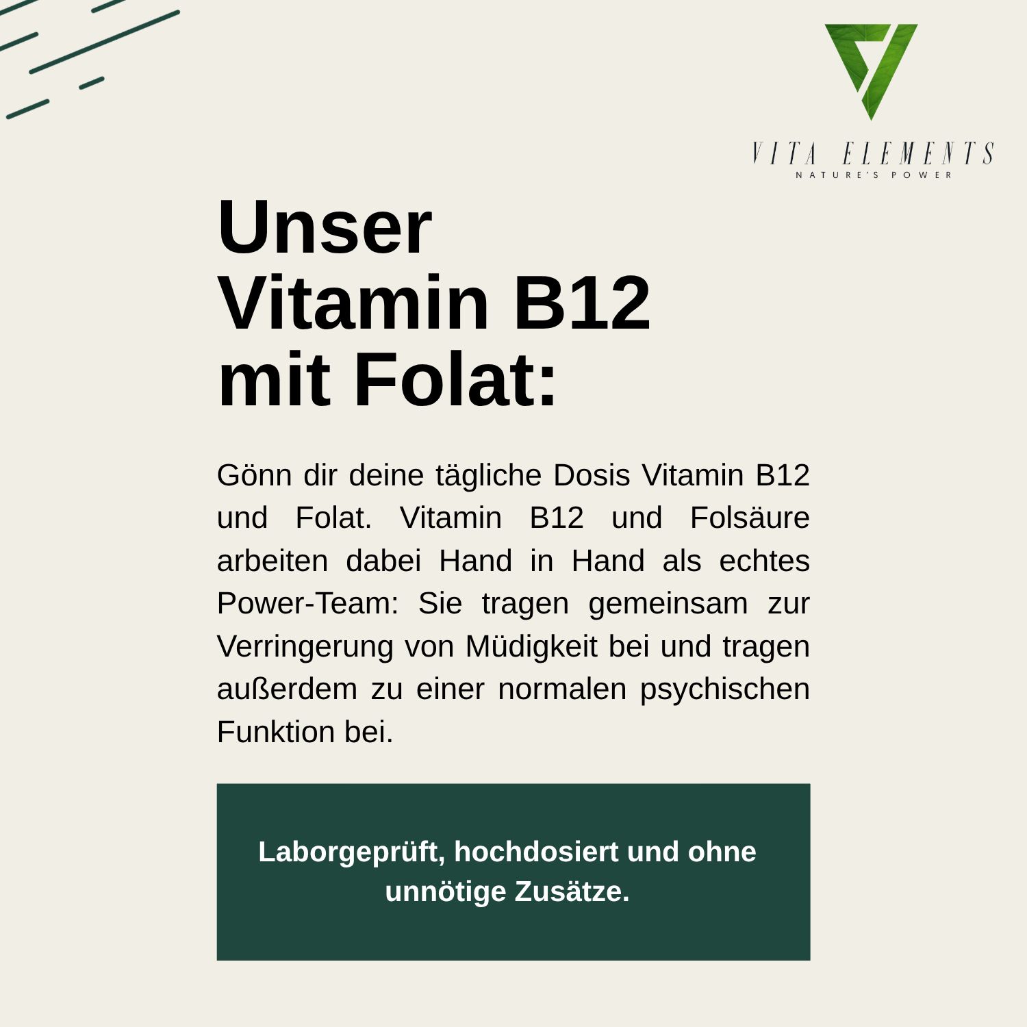Tekstafbeelding: Onze vitamine B12 met foliumzuur. Informatie over werking en toevoegingen.