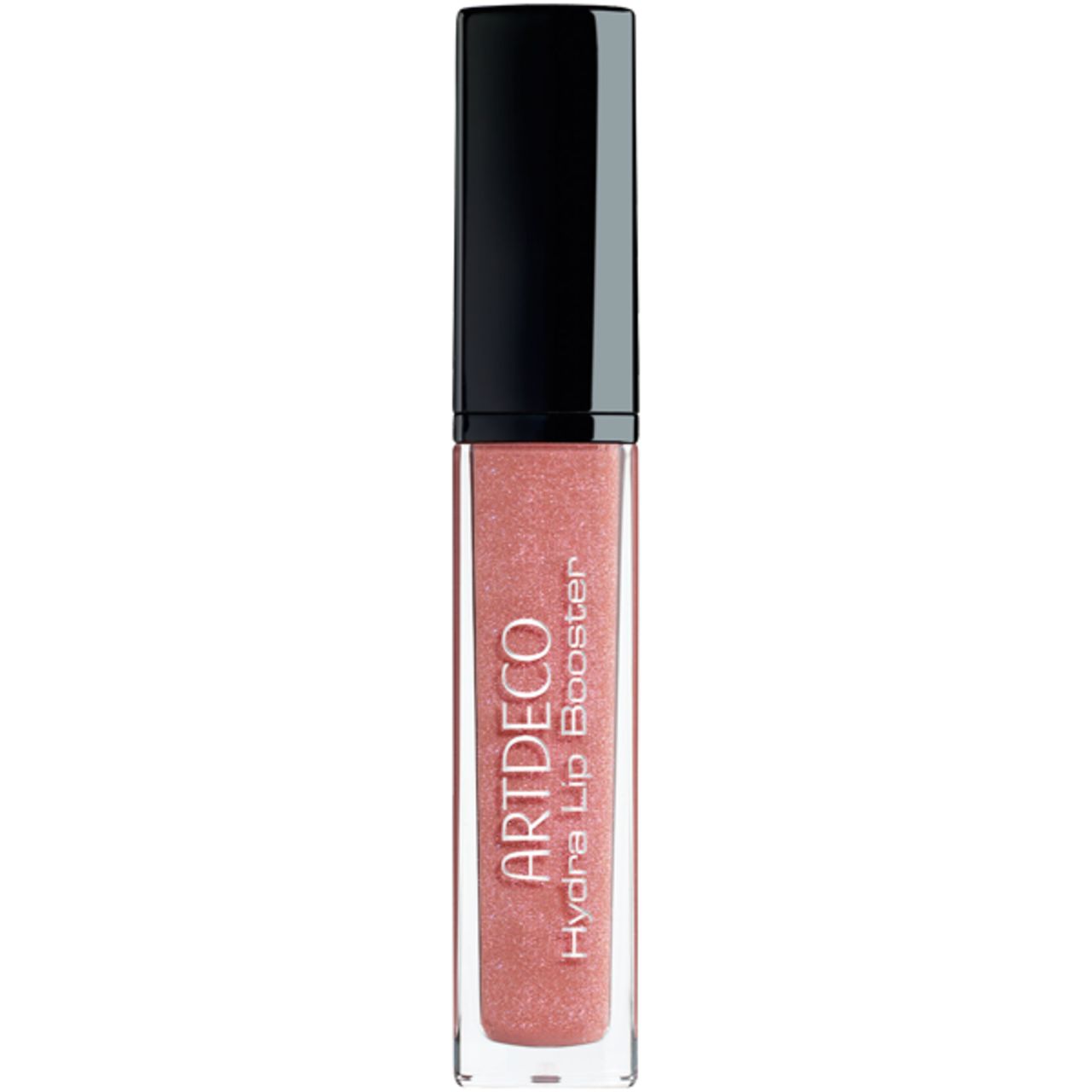 Artdeco Hydra Lip Booster. Transparante tube met zwarte dop. Roze inhoud. Opschrift "Artdeco Hydra Lip Booster".