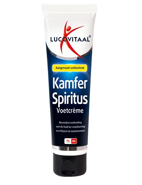Tube de crème pour les pieds. Inscription "Kamfer Spiritus Voetcrème". Logo Lucovitaal. Texte bleu et blanc. 75 ml.