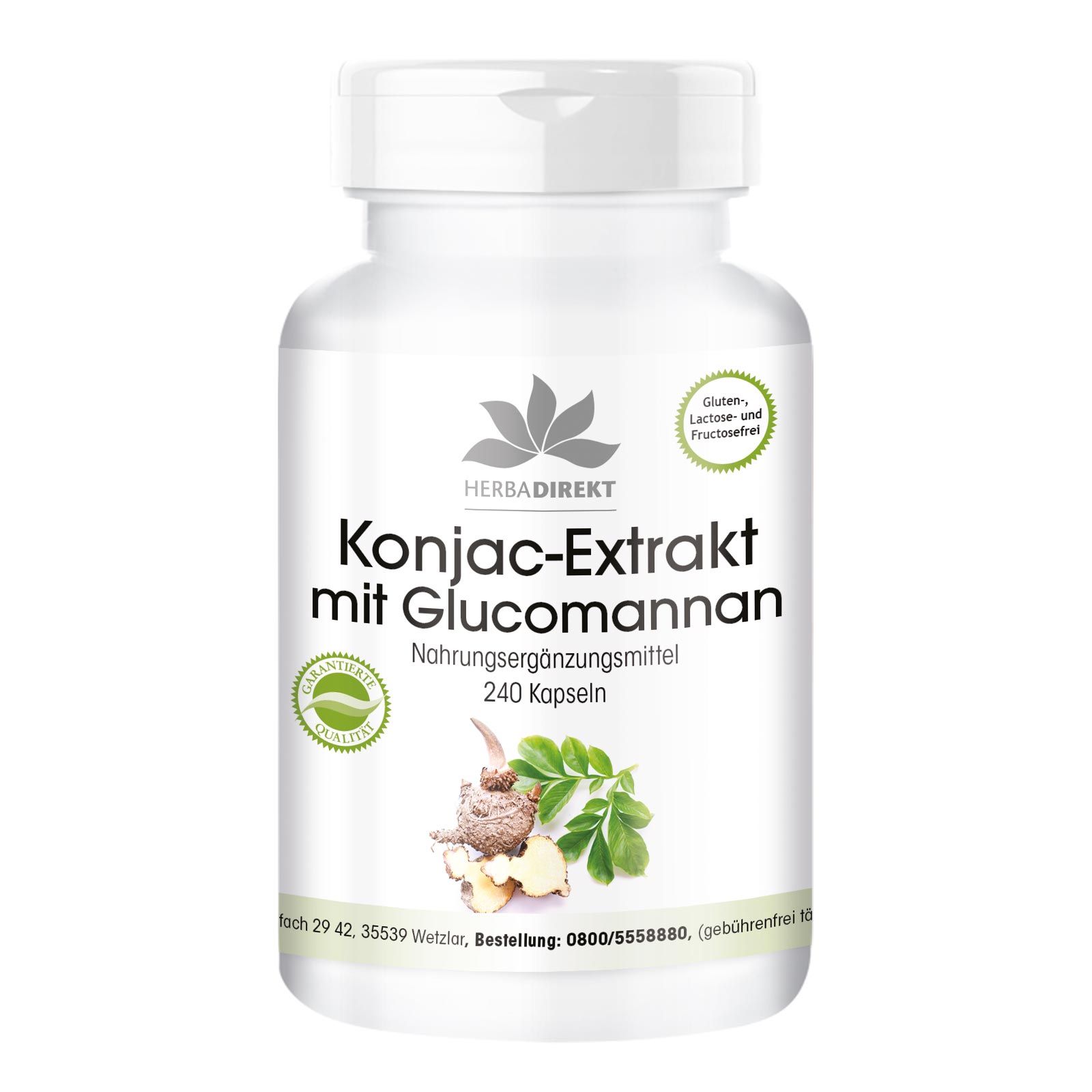 Witte fles met capsules. Opschrift: Konjac-extract met glucomannan. Logo en zegel. Glutenvrij, lactosevrij en fructosevrij.