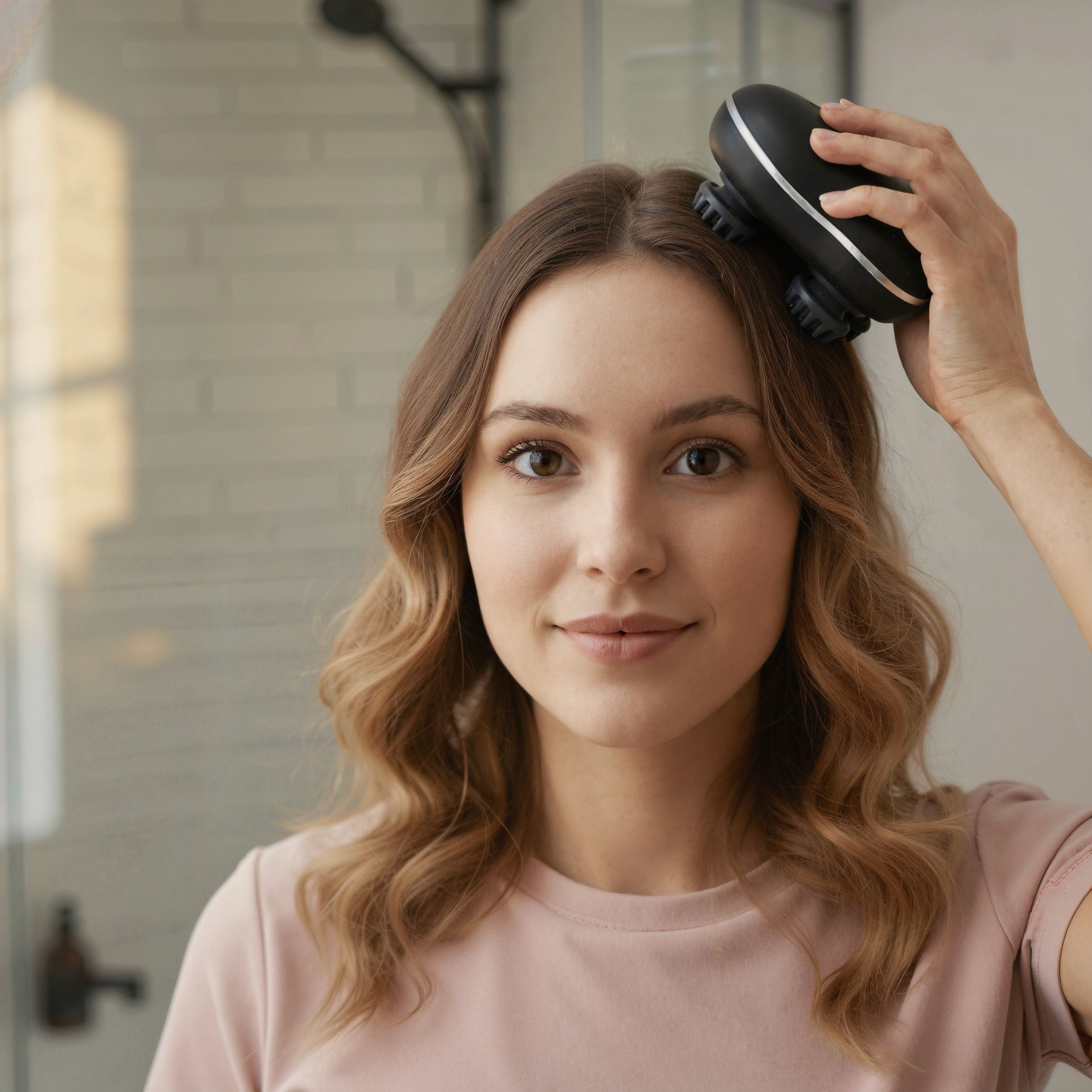Vrouw die een zwarte hoofdmassager gebruikt. Het apparaat heeft rollen en wordt op het hoofd geplaatst.