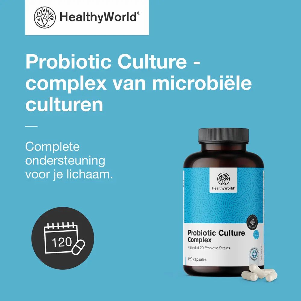 Fles Probiotic Culture Complex. Tekst: complex van microbiële culturen. 120 capsules.
