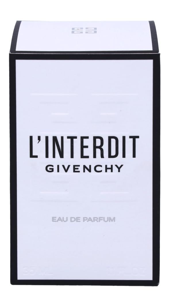 Emballage de Givenchy L'Interdit Eau de Parfum. Blanc avec texte noir. Logo et nom du produit clairement visibles.