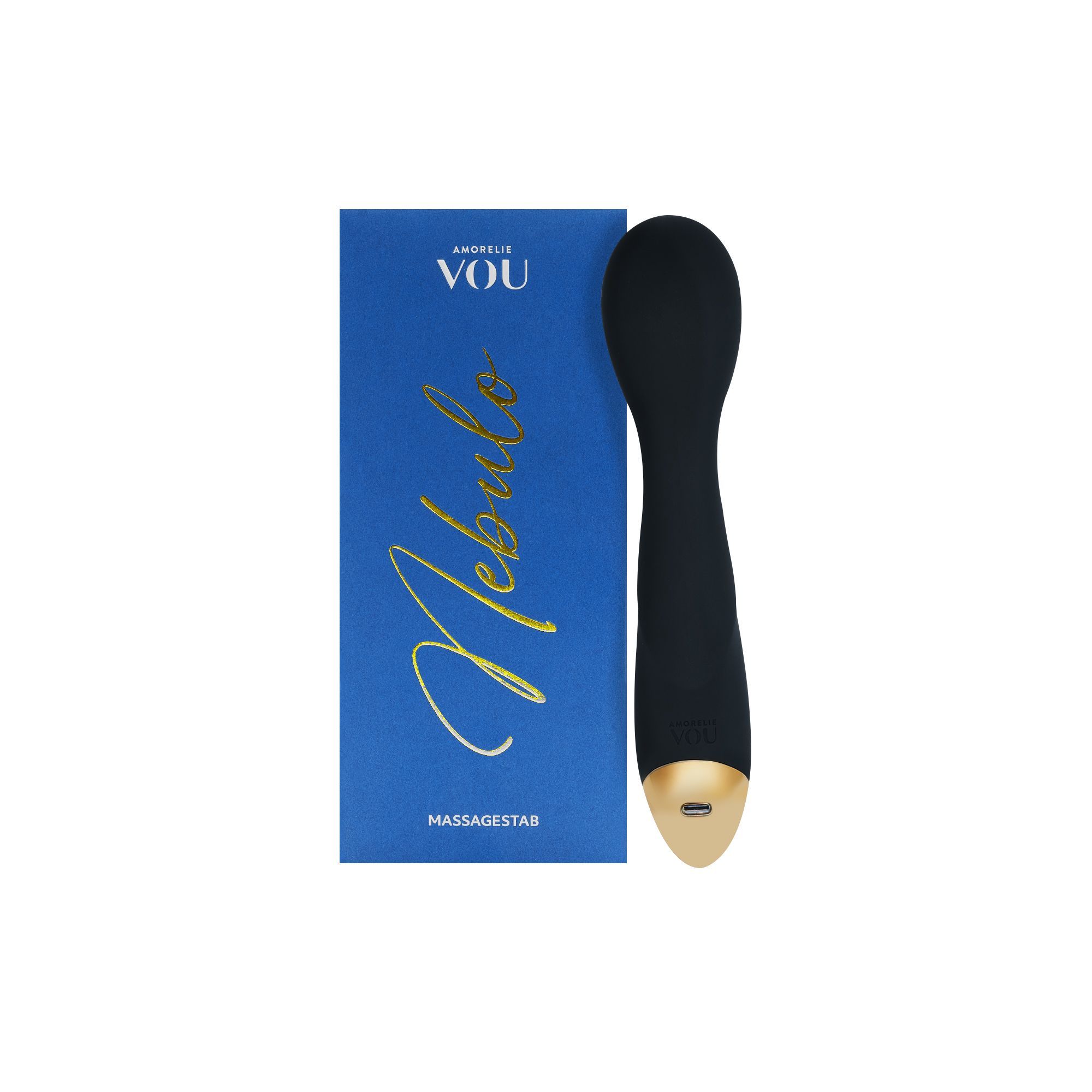 Zwarte massage wand met gouden accent en blauwe verpakking. Op de verpakking staat "AMORELIE VOU Nebulo MASSAGESTAB".
