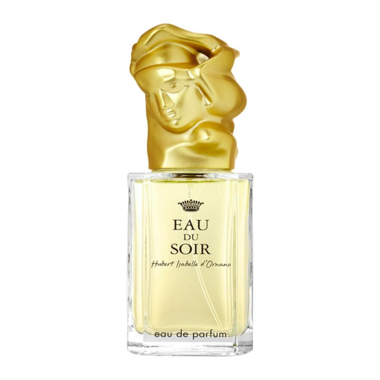 Glazen fles met gouden kop. Tekst: Eau du Soir, Hubert Isabelle d'Ornano. Eau de Parfum. Heldere inhoud.
