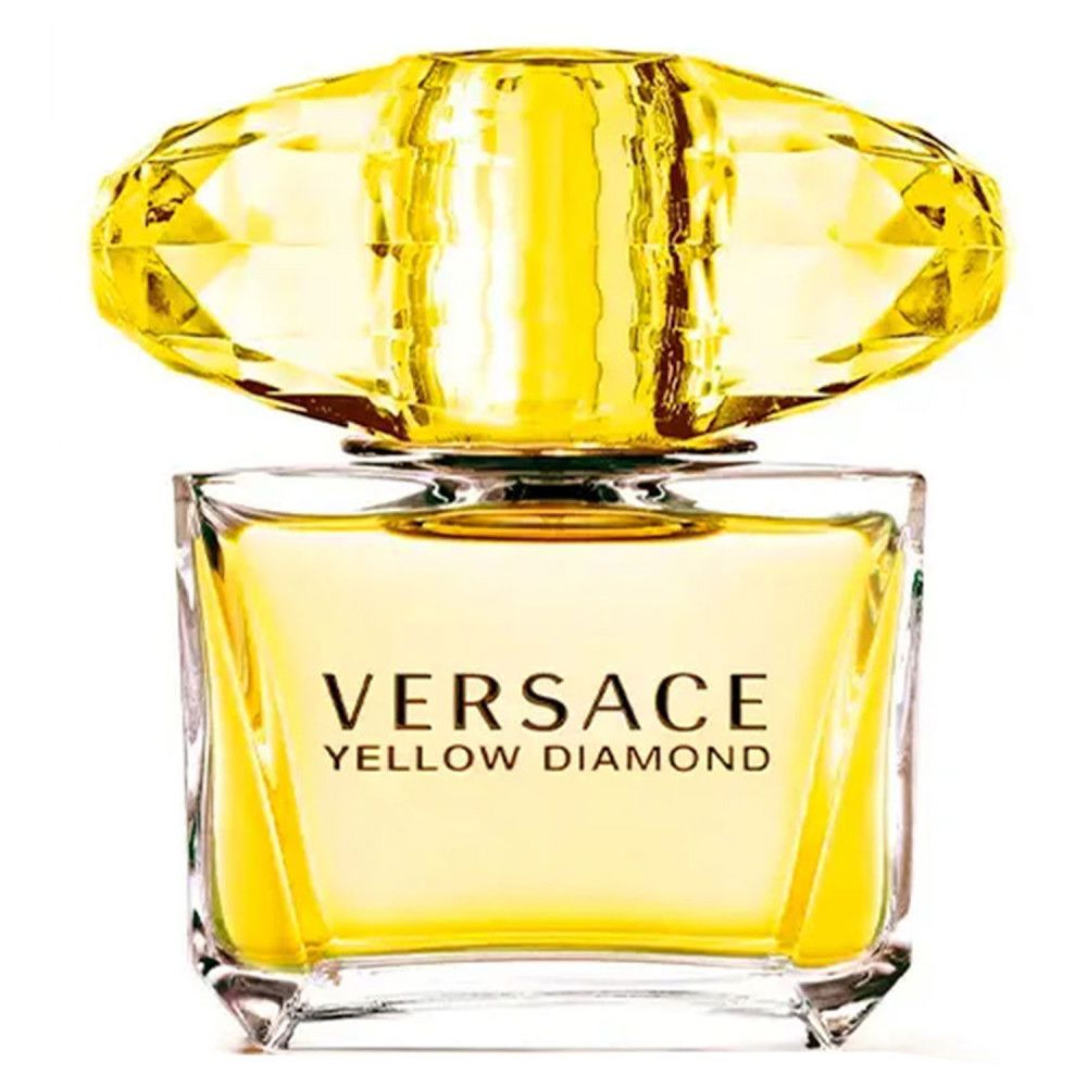 Flacon de parfum jaune avec bouchon jaune. Inscription : Versace Yellow Diamond. Forme carrée.
