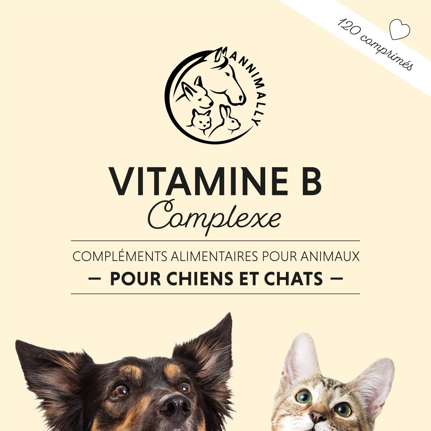 Comprimés de vitamine B Komplex pour chiens et chats. 120 comprimés. Logo avec chien, chat et cheval.