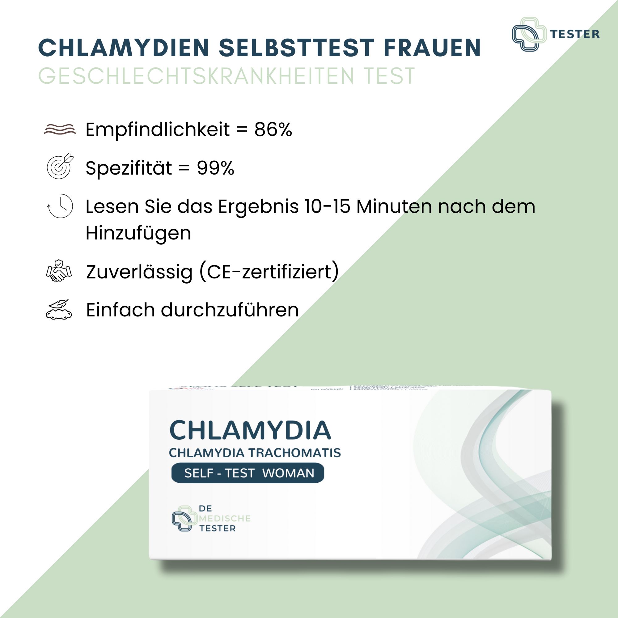 Infographic met informatie over de Chlamydia zelftest voor vrouwen. Bevat informatie over gevoeligheid, specificiteit en CE-certificering.