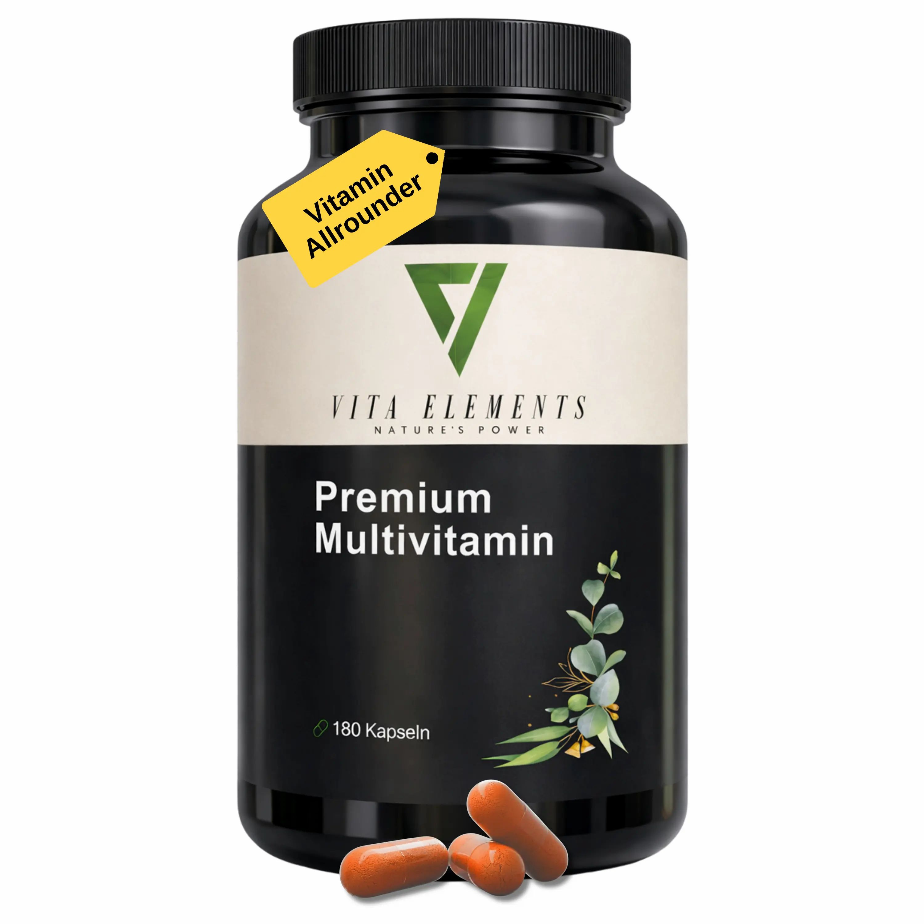 Vita Elements Premium Multivitamin capsules in donkere pot met gele tag "Vitamin Allrounder".