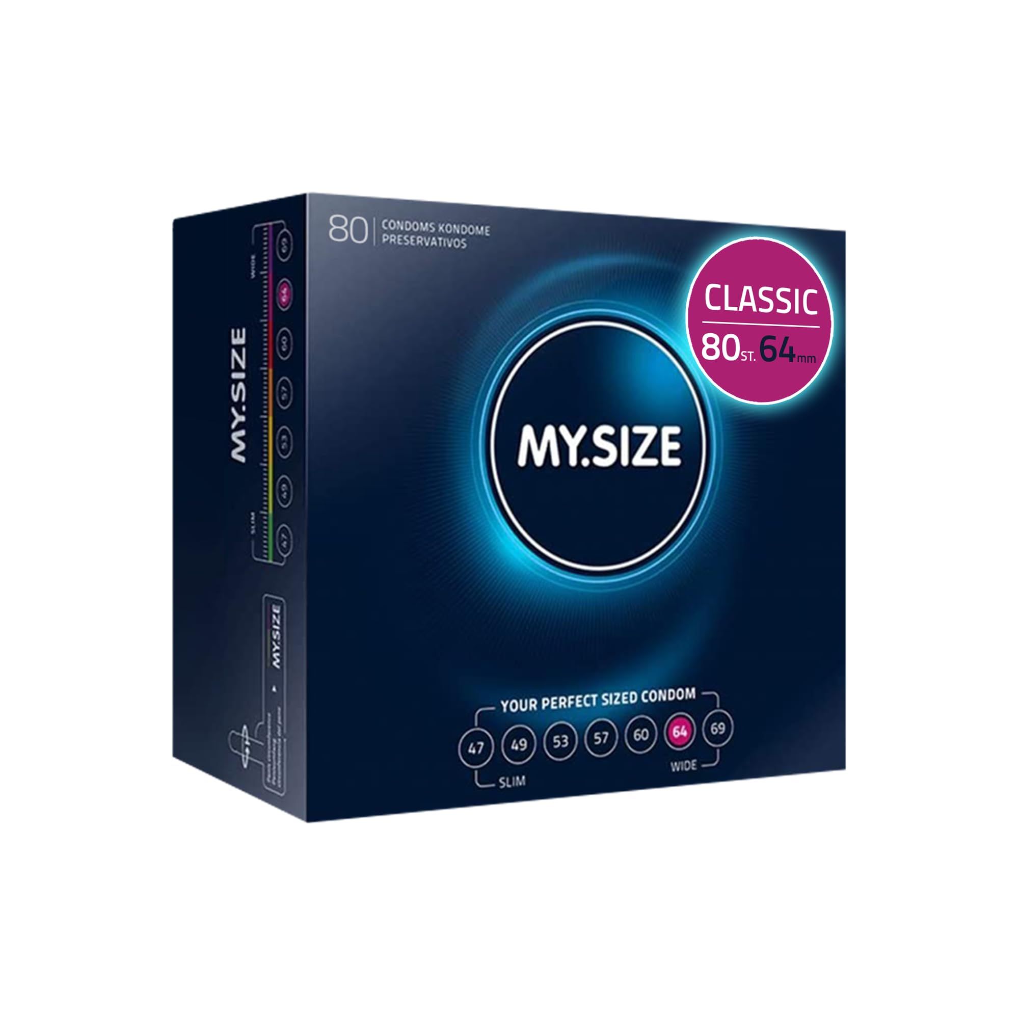 MY.SIZE Classic 64mm: Pakketten Midi, Maxi, Mega met glijmiddel en massagekaars.