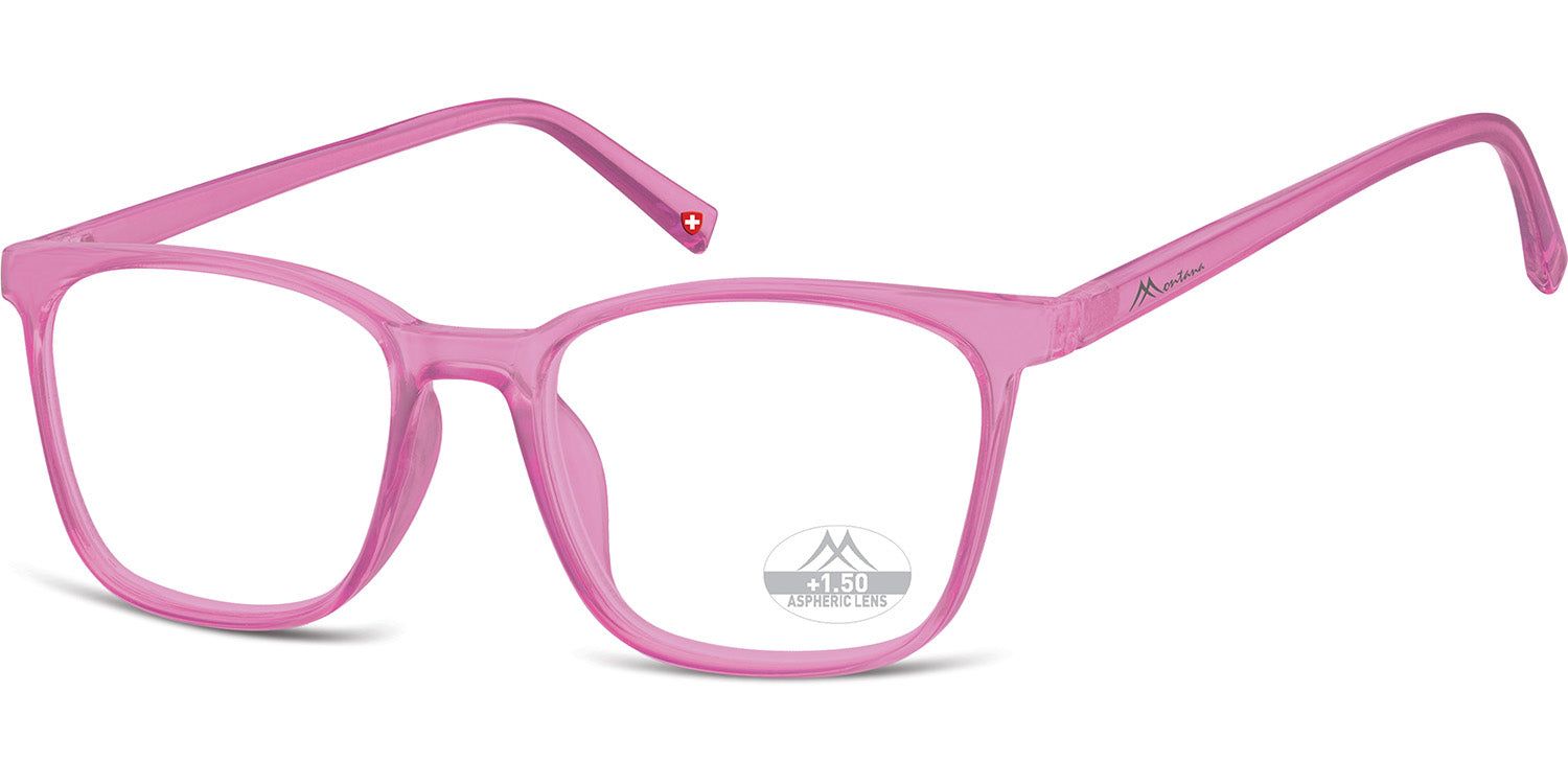 Lunettes roses avec verres rectangulaires. Croix suisse sur la branche. Logo et texte sur le verre.