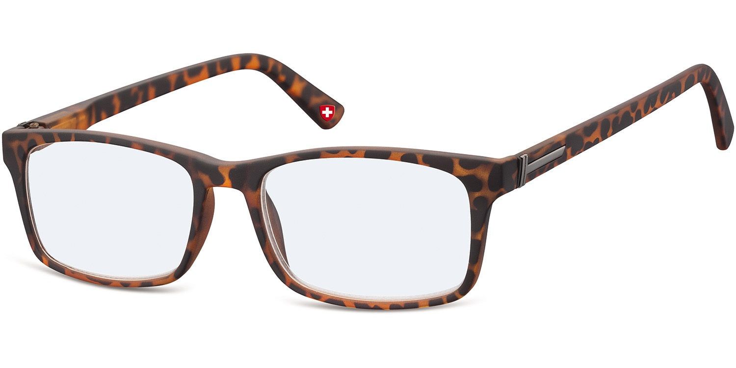 Lunettes à monture marron et verres rectangulaires. Branches à motifs. Logo croix rouge sur la branche. Filtre lumière bleue.