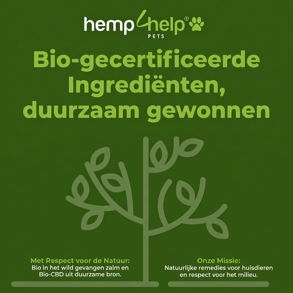 Groene achtergrond met boomillustratie. Tekst: Biologisch gecertificeerde ingrediënten, duurzaam gewonnen. Logo: hemp4help PETS.