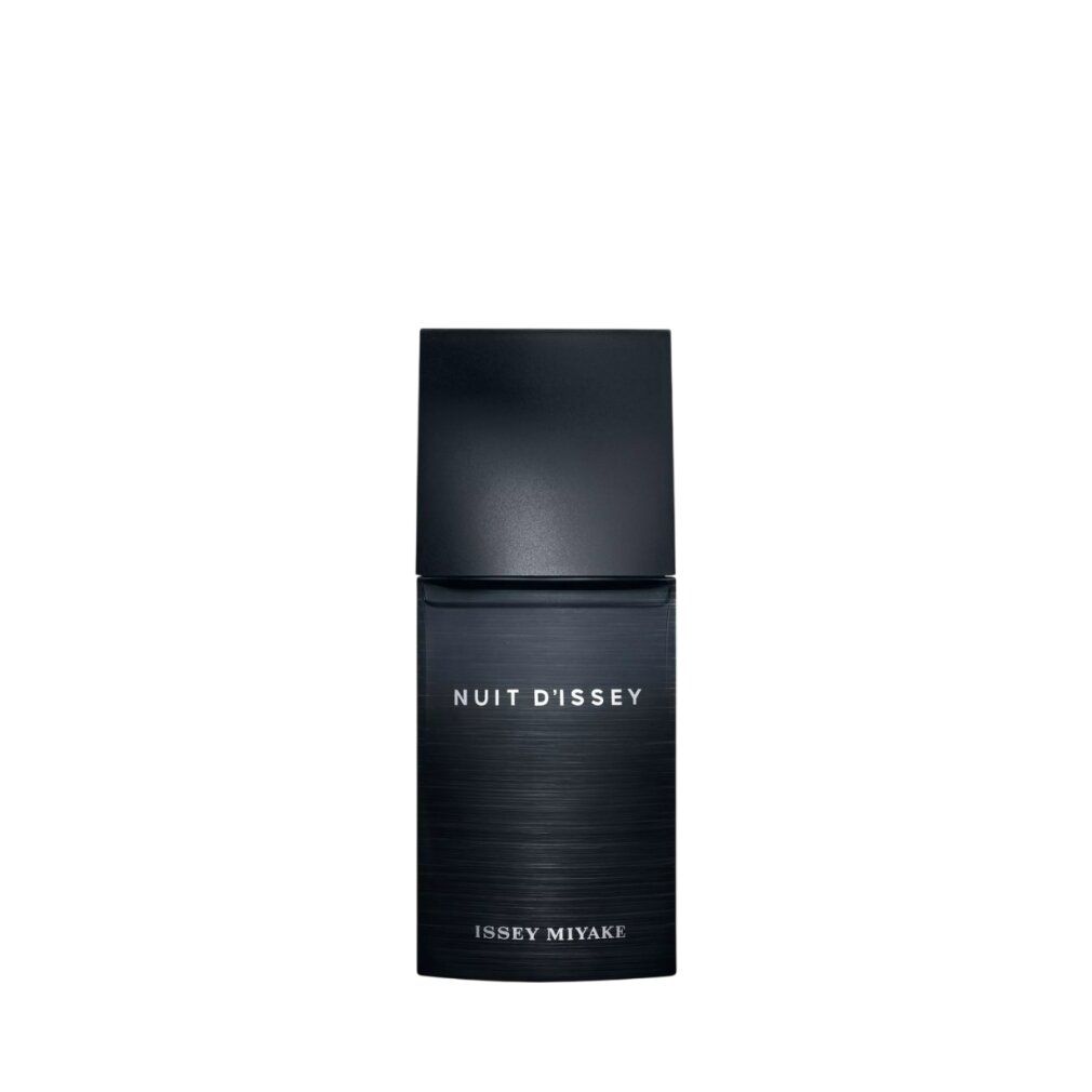 Zwarte fles. Opschrift: Nuit d'Issey, Issey Miyake.