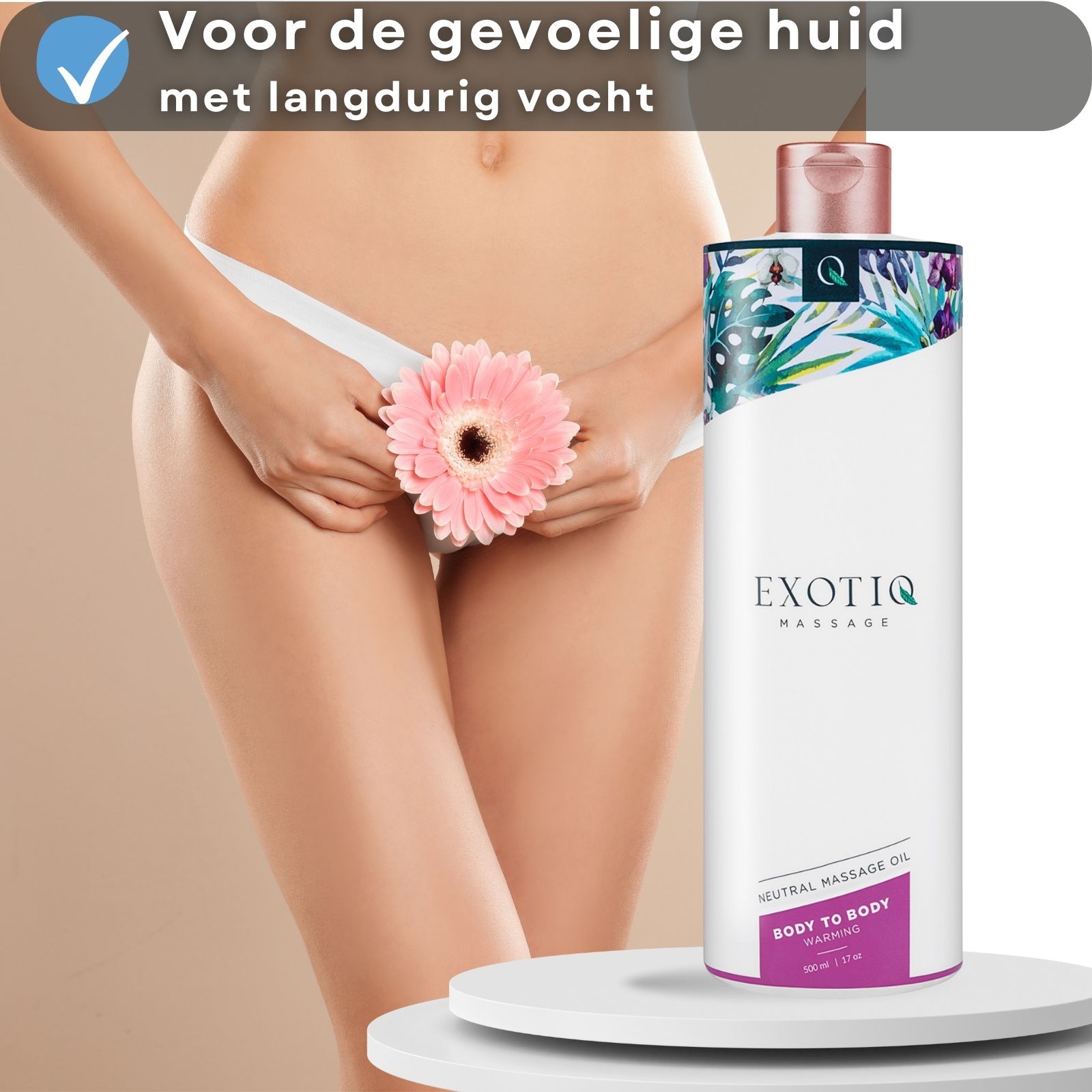 Vrouw met bloem, massageoliefles. Tekst: Body to Body Warming.