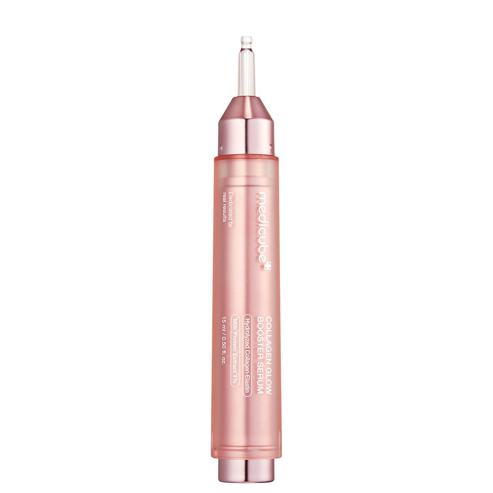 Applicateur de sérum rose avec embout argenté et transparent. Texte : Collagen Glow Booster Serum.