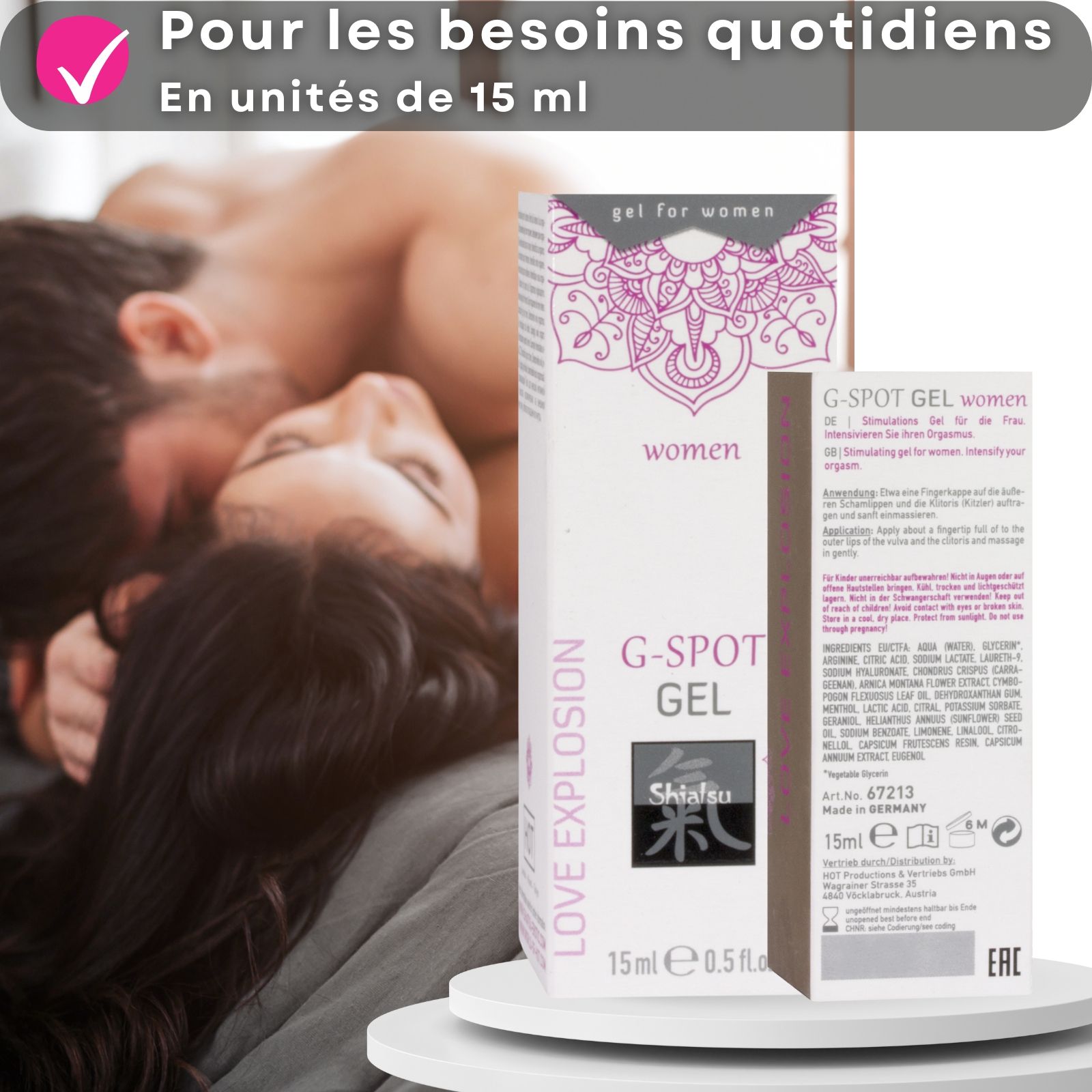 Produit et couple. Boîte et texte : G-Spot Gel. Avantages : besoin quotidien, 15ml.