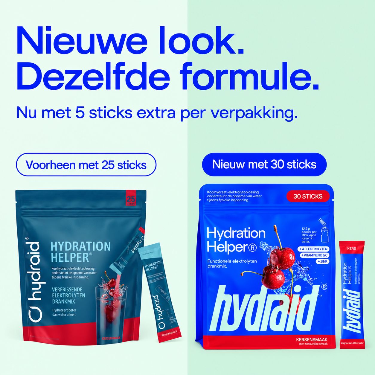 Vergelijking: Oud zakje (25 sticks) vs nieuw zakje (30 sticks) Hydraid Hydration Helper.