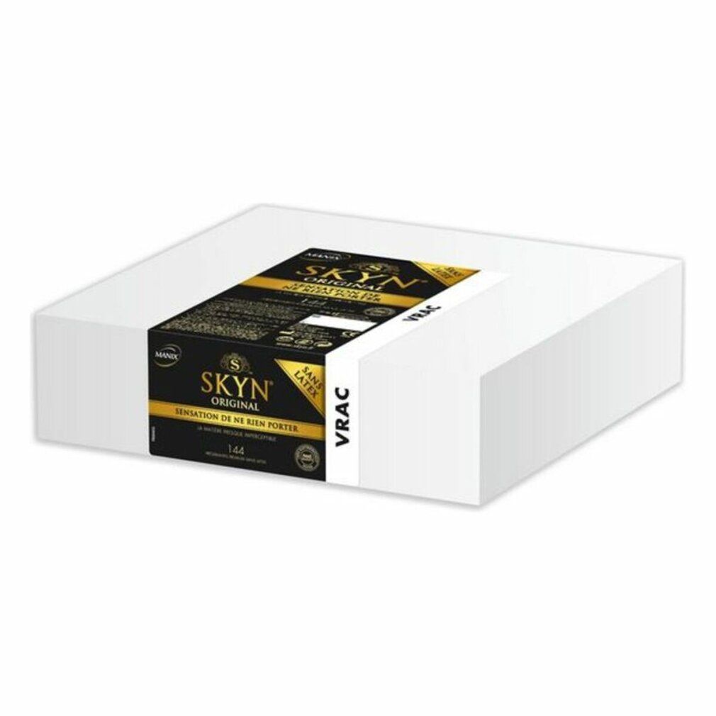 Emballage SKYN Original. Boîte blanche avec emballage noir et doré. "Original", "144" et "VRAC" visibles.