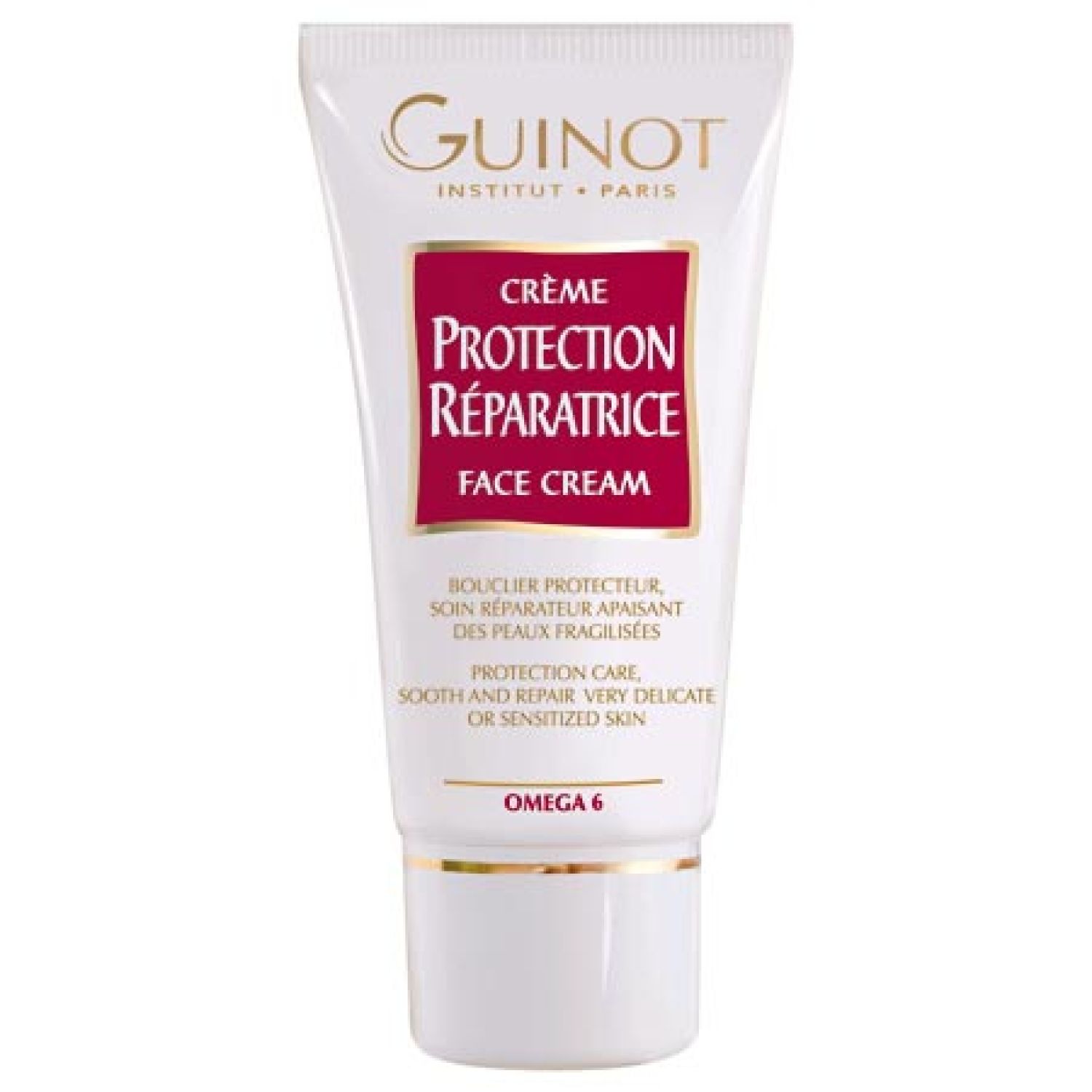 Witte tube met rood etiket. Tekst: Crème Protection Réparatrice Face Cream. Merk: Guinot. Omega 6.