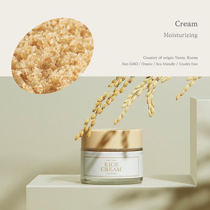 Pot de crème avec couvercle beige, épis de riz et texte : « RICE CREAM » et « I'm from ».