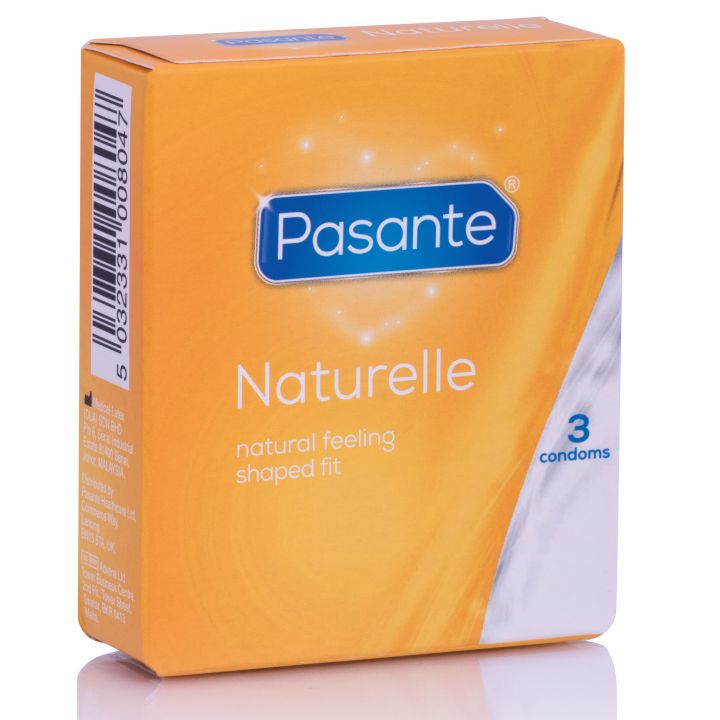 Boîte de préservatifs Pasante Naturelle. Contient 3 préservatifs. Design orange.
