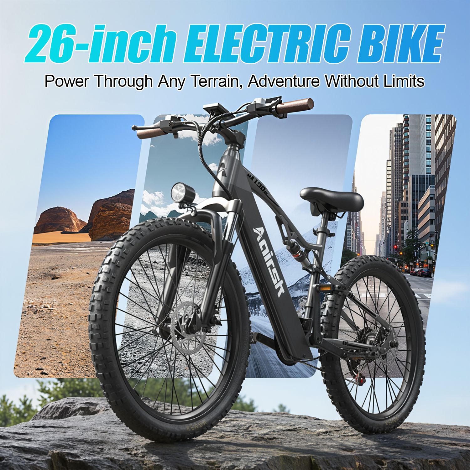 Vélo électrique avec pneus larges, phare et texte: 26 pouces VÉLO ÉLECTRIQUE. Power Through Any Terrain, Adventure Without Limits.
