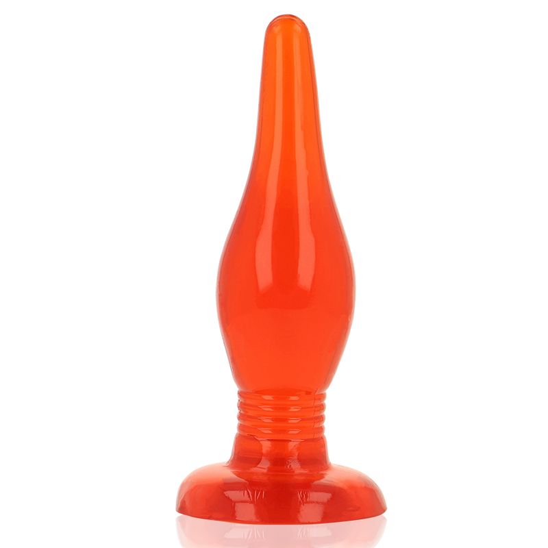 Plug anal orange avec une base large et une pointe en forme de goutte.