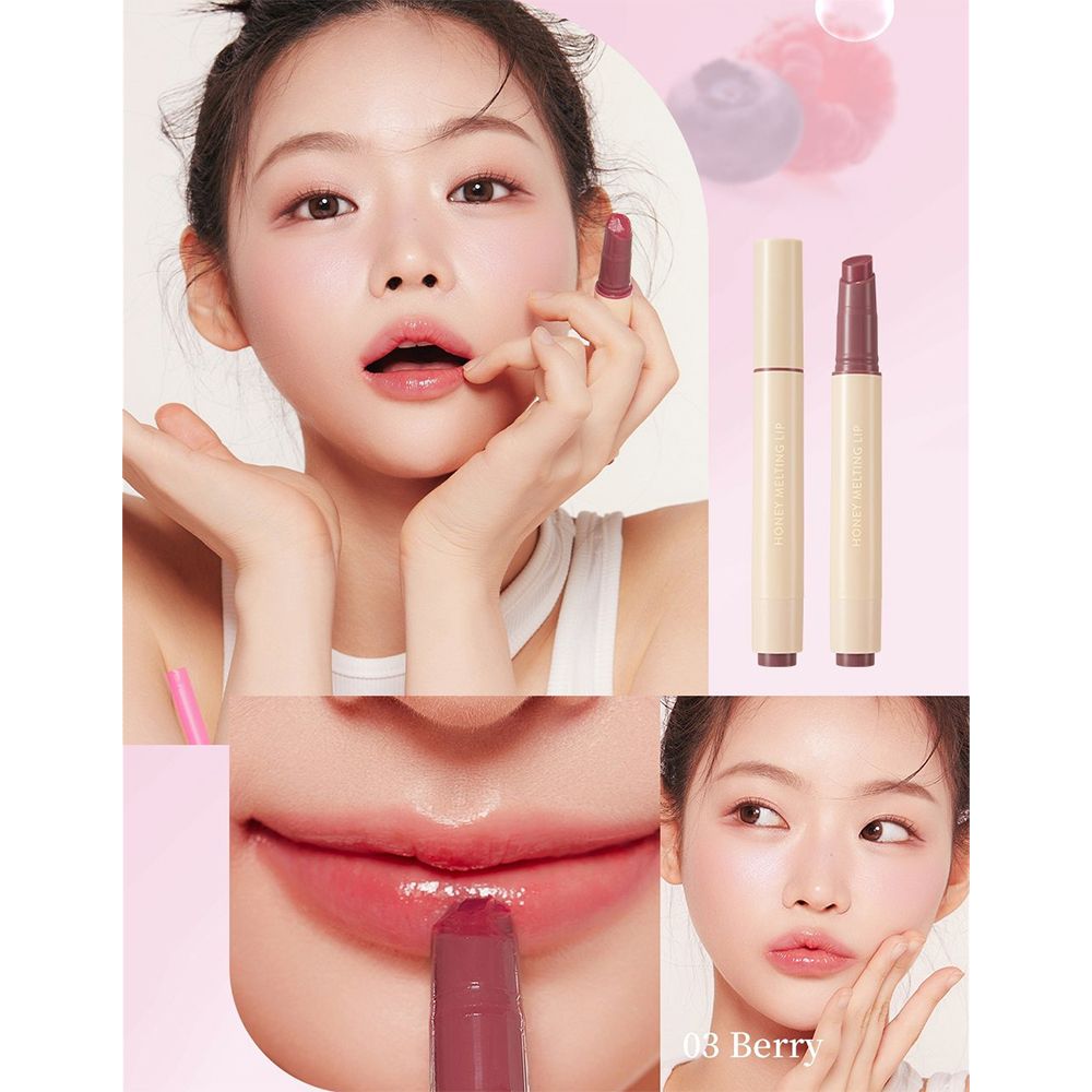 Gloss à lèvres Berry. Plusieurs vues du produit : application, gros plan, modèle avec produit. Baies et myrtilles en arrière-plan.