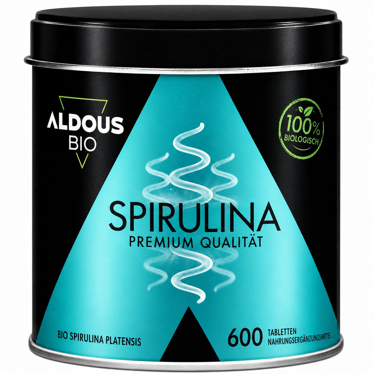 Boîte de comprimés Aldous Bio Spirulina, 600 pièces, qualité premium, 100% biologique.