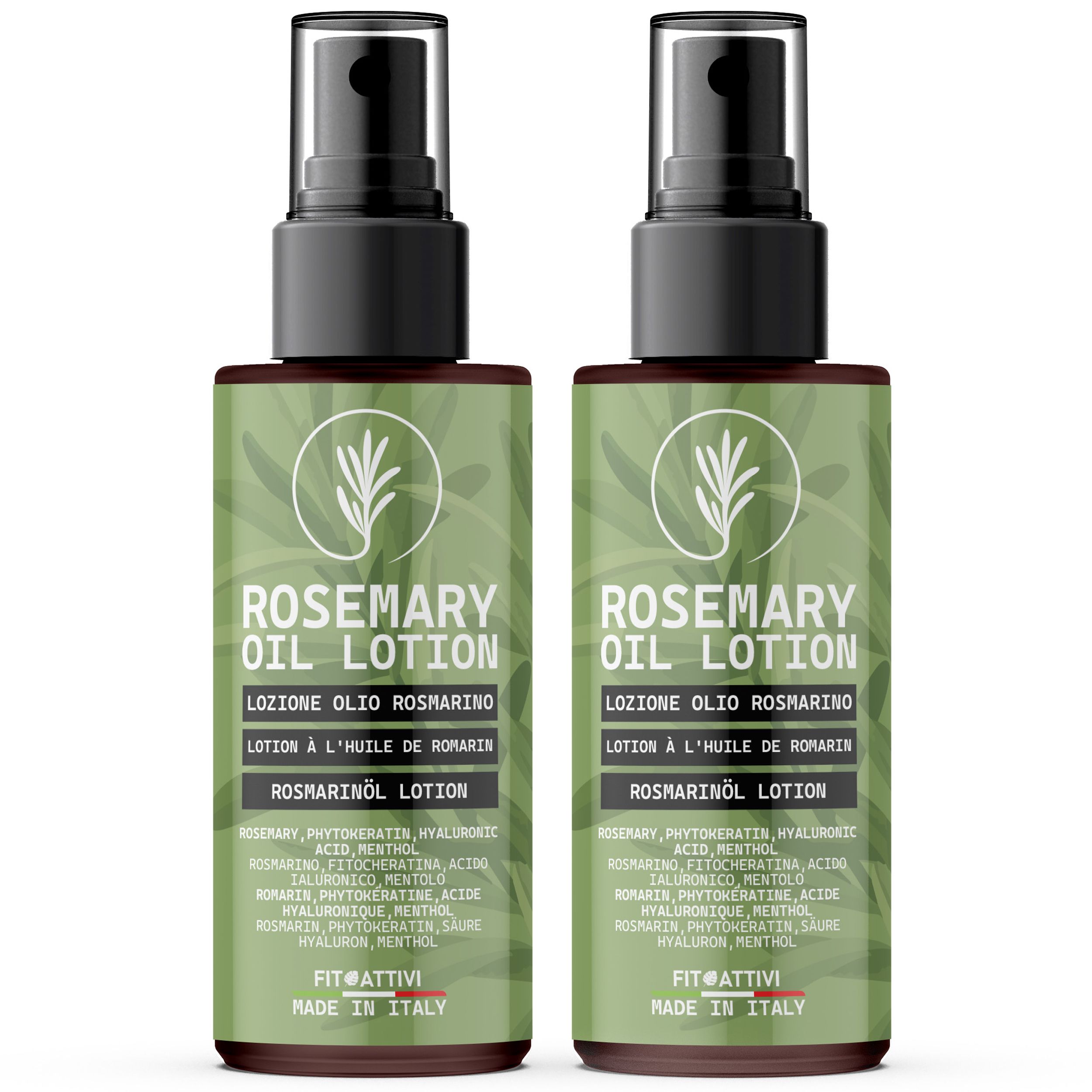 Deux flacons de lotion à l'huile de romarin. Flacons bruns avec vaporisateur noir. Étiquettes vertes avec texte et logo. "Fitoattivi" et "Made in Italy".