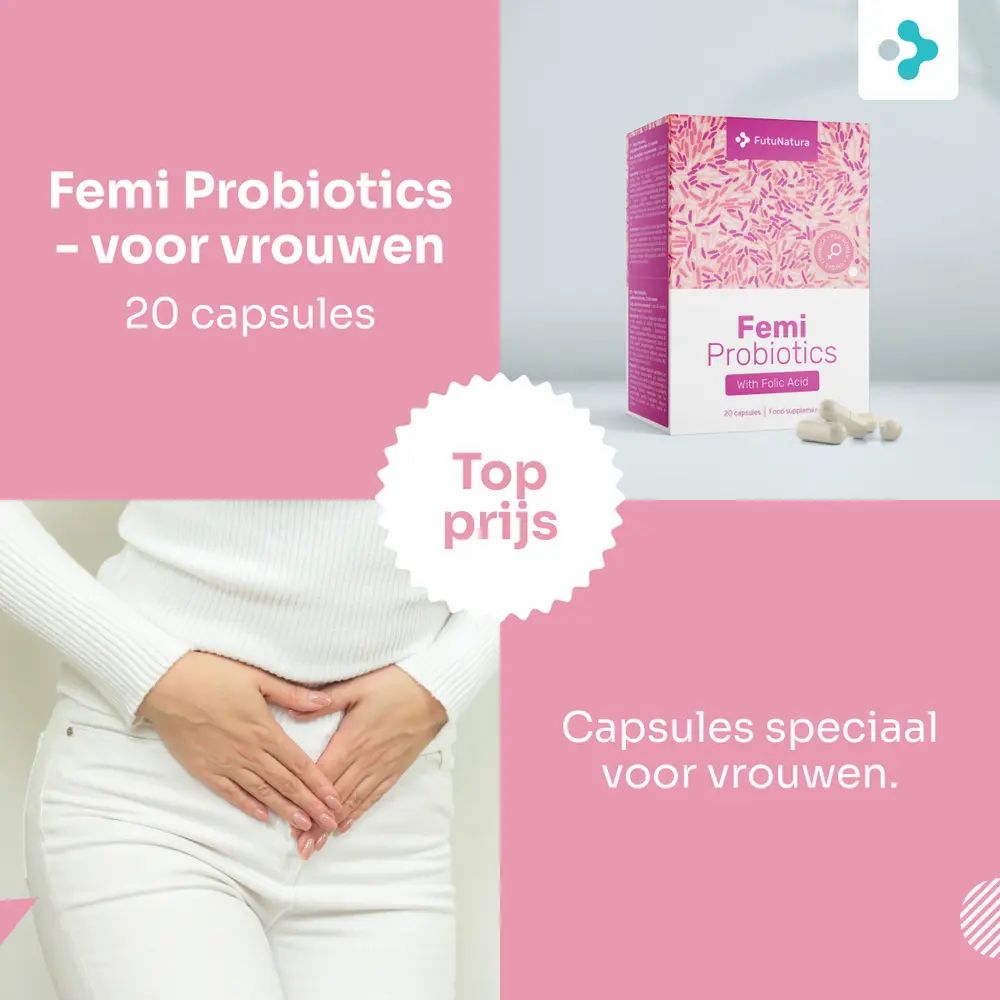 Femi Probiotics - voor vrouwen. Verpakking en capsules. Vrouw houdt handen bij buik.