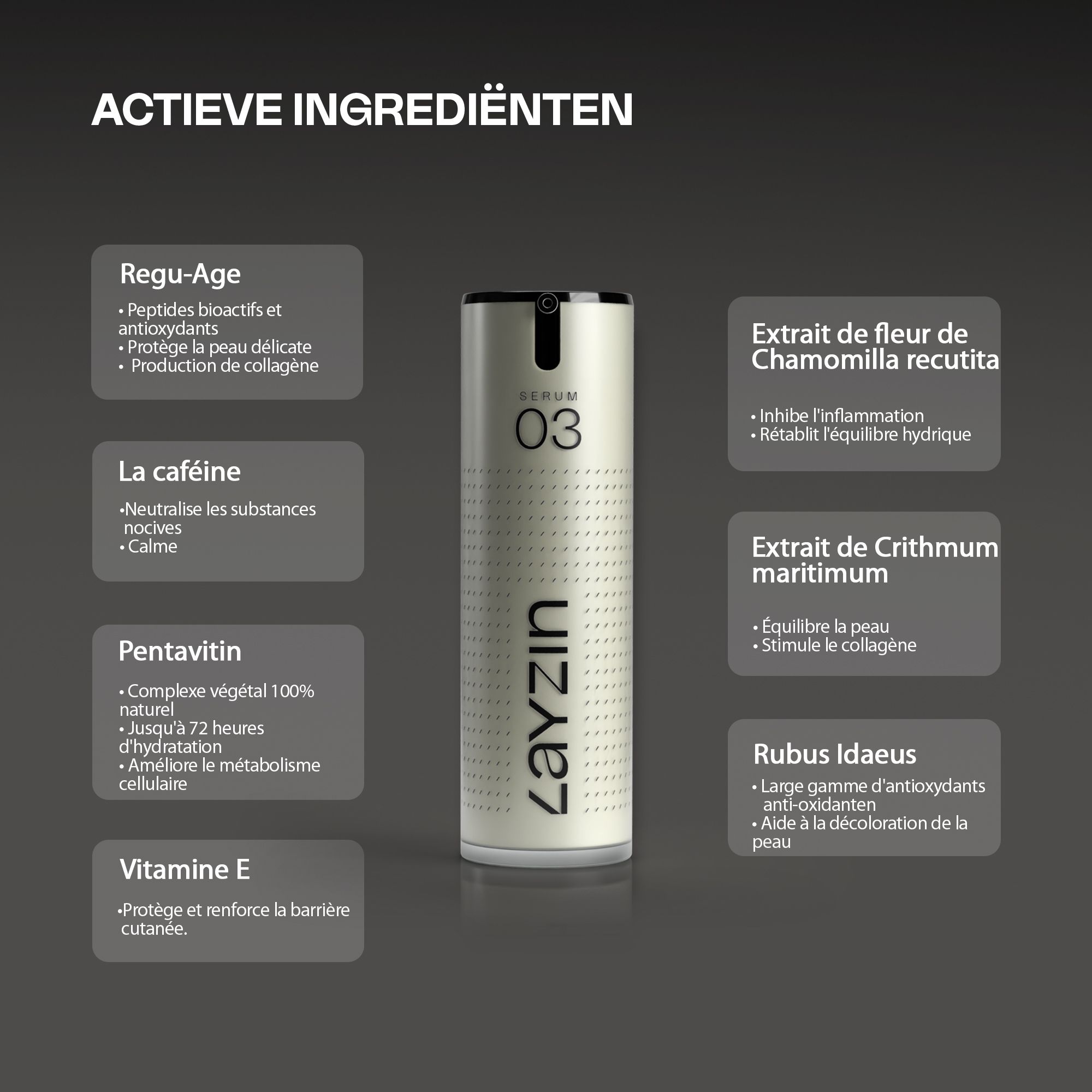 Sérum 03. Texte : Ingrédients actifs : Regu-Age, caféine, Pentavitin, vitamine E, Chamomilla, Crithmum maritimum, Rubus Idaeus.