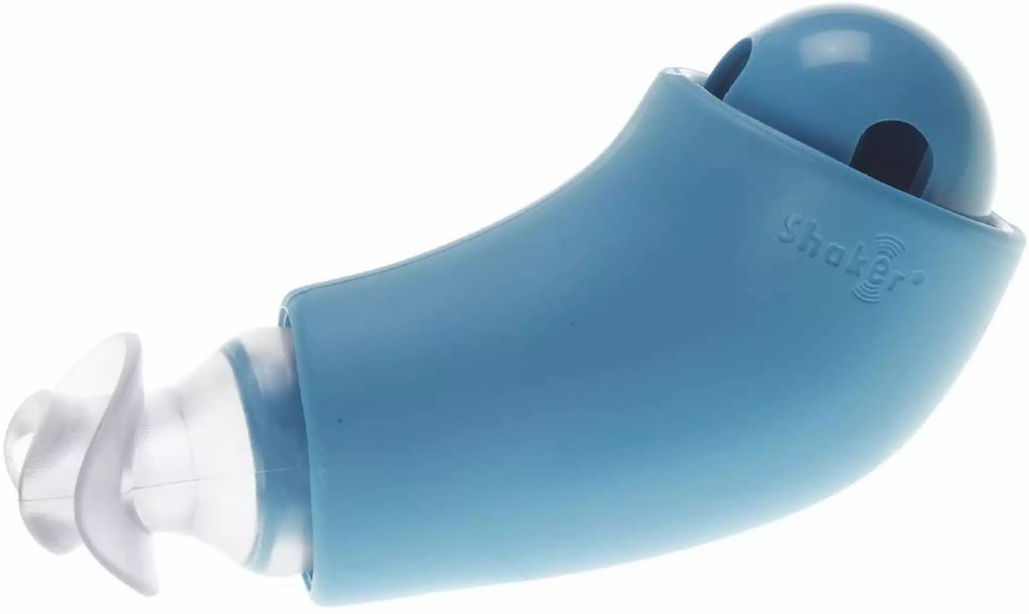 Appareil bleu d'entraînement respiratoire avec embout et bille intégrée dans le boîtier. Inscription 'Shaker' visible.
