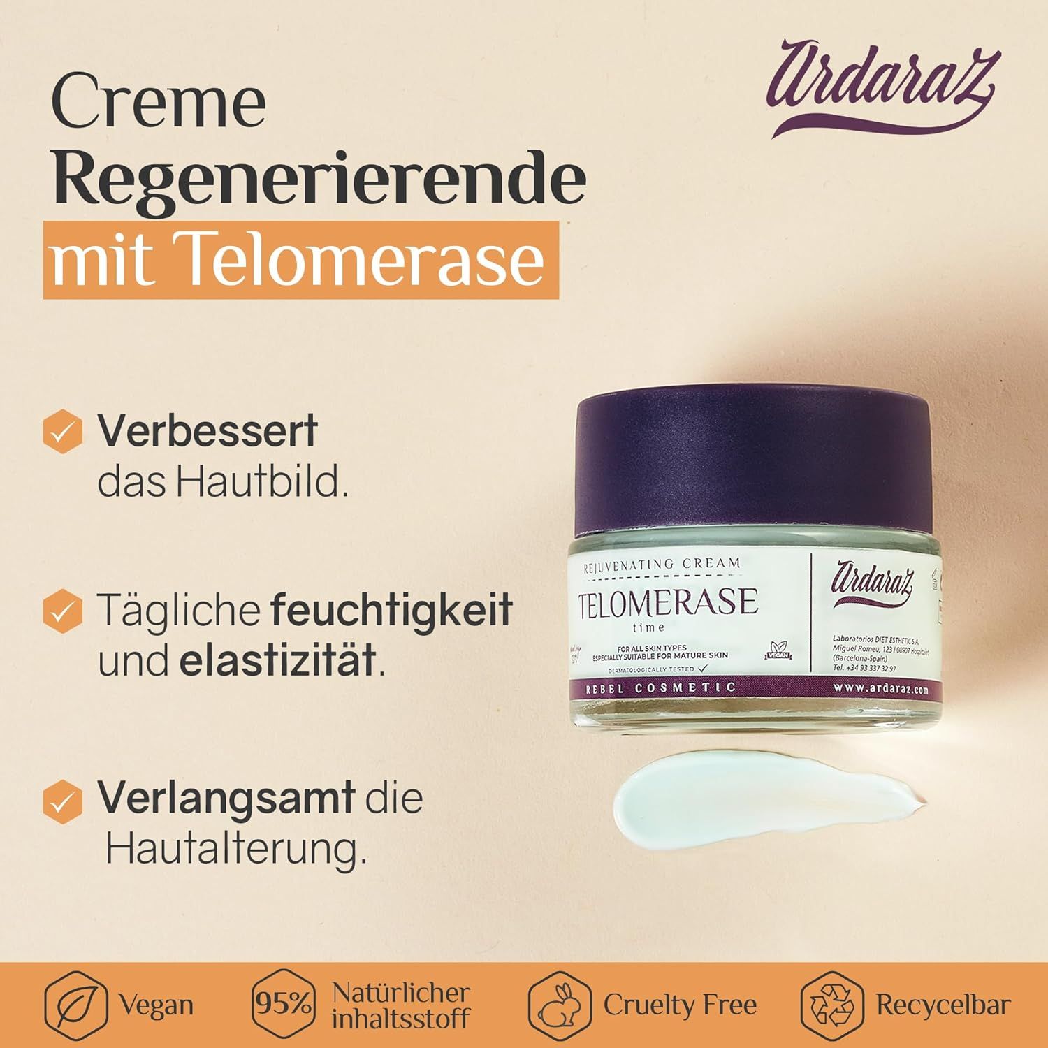 Gezichtscrème Ardaraz Telomerase: voordelen en ingrediënten.
