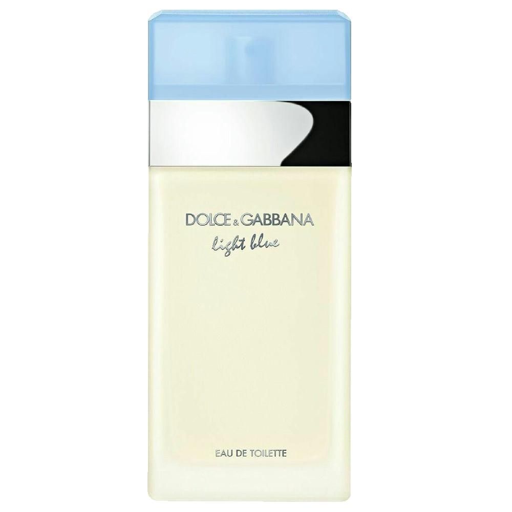Flacon Dolce & Gabbana Light Blue EdT. Forme rectangulaire, bouchon bleu clair, bande argentée. Inscription.