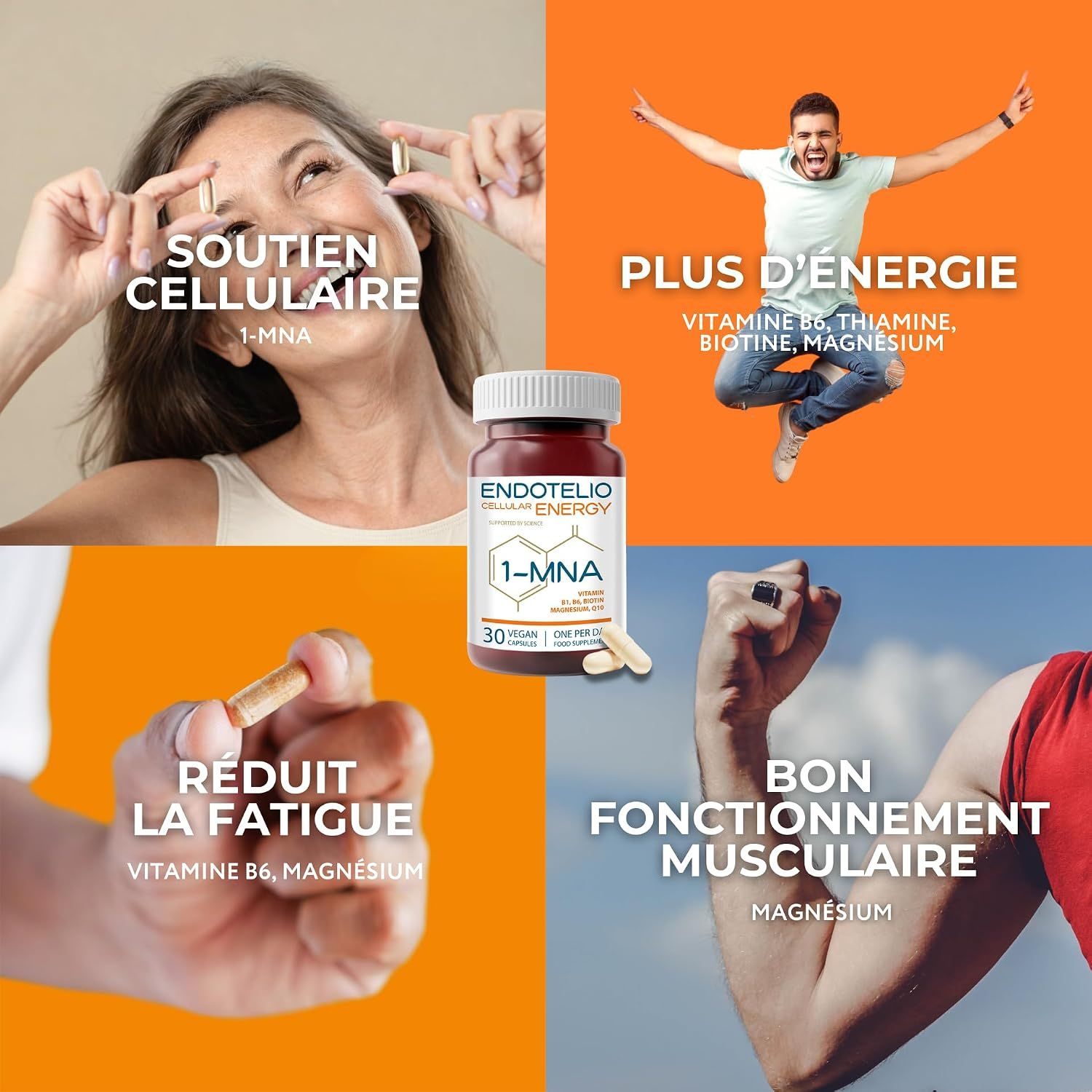 Une femme tient deux gélules. "Soutien cellulaire 1-MNA" est écrit.