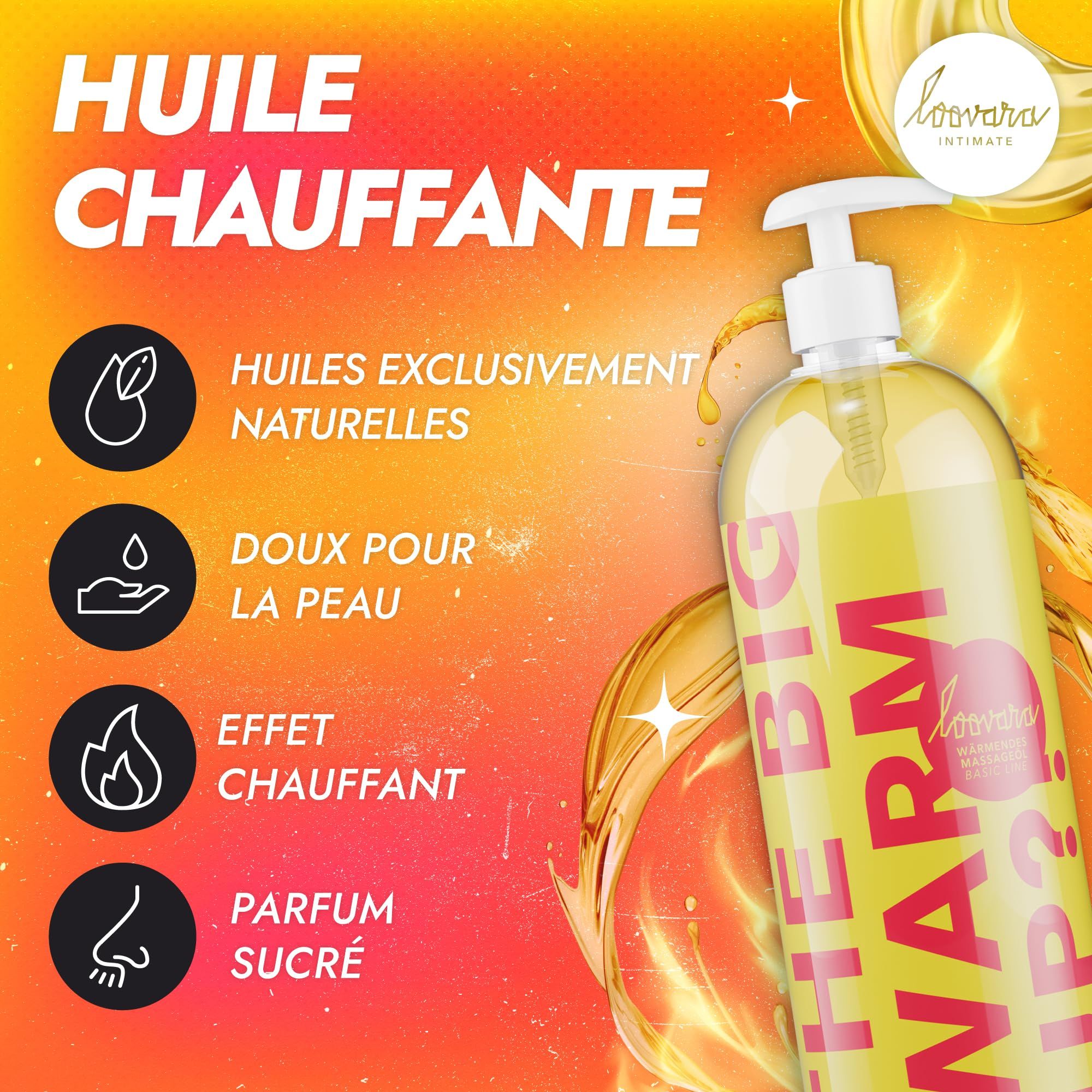 Bouteille d'huile de massage jaune, pompe. Étiquette jaune avec texte rose "THE BIG WARM UP?". Icônes pour huiles naturelles, douceur, chaleur, parfum.