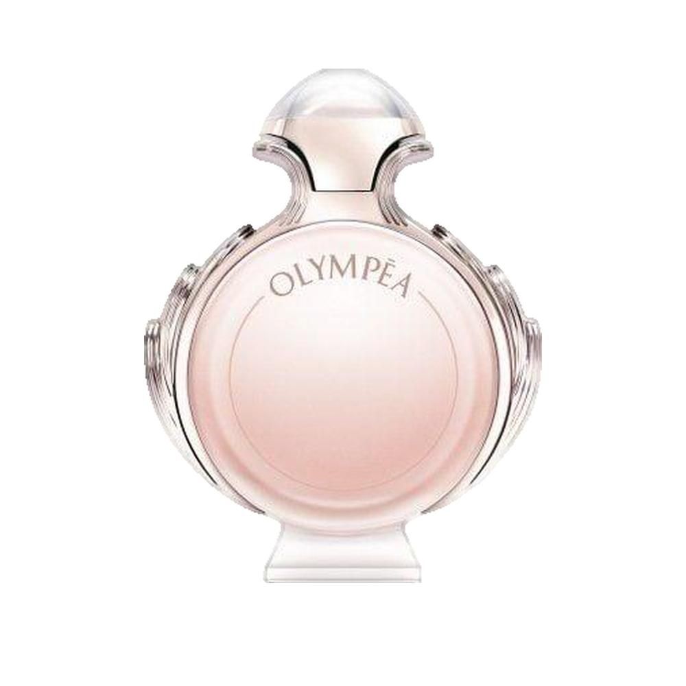 Parfumfles, rond, lichtroze. Gouden details. Opschrift Olympea.