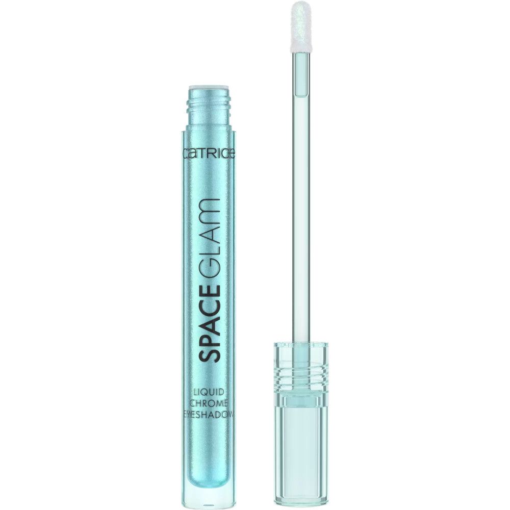 Fard à paupières liquide dans un flacon transparent avec applicateur. Inscription : SPACE GLAM, LIQUID CHROME EYESHADOW. Couleur bleu clair.