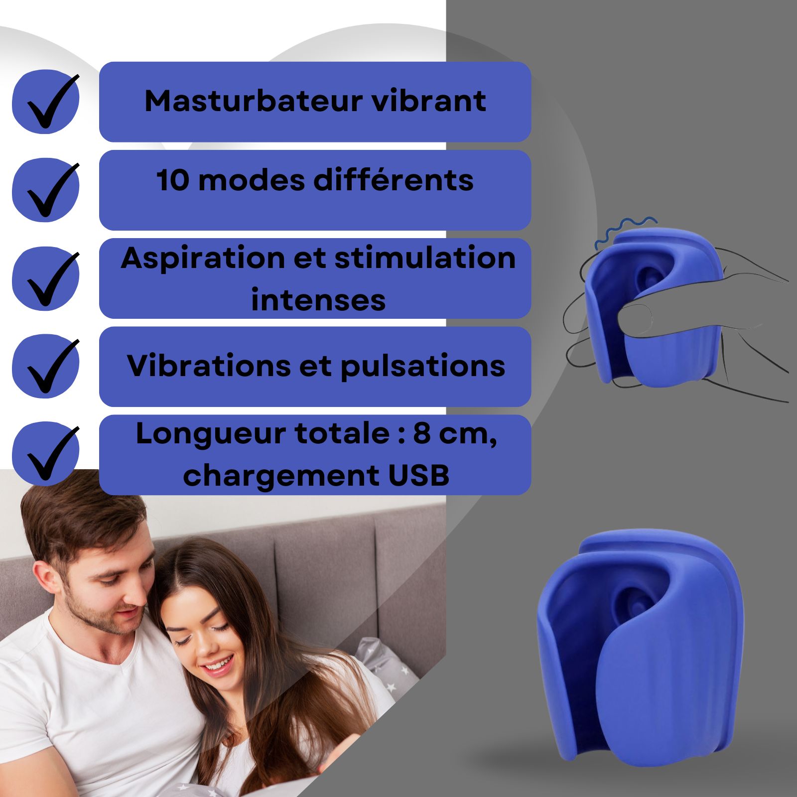 Produit bleu avec texte. 10 modes, vibrations, chargement USB. Couple au lit.