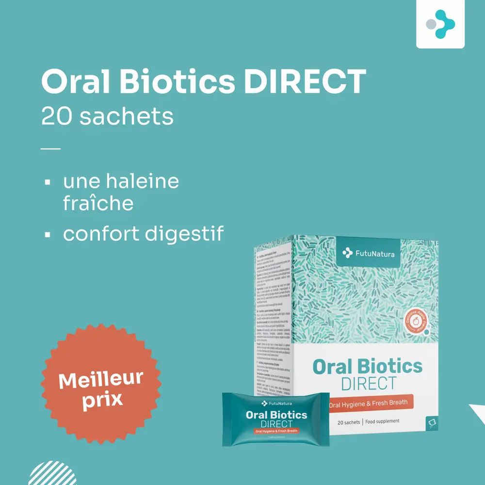 Emballage et sachet du produit. Texte : Oral Biotics DIRECT, haleine fraîche, confort digestif. Texte : Meilleur prix.