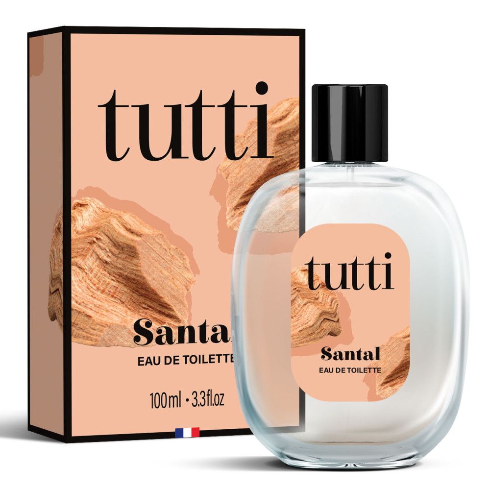 Flacon Eau de Toilette Santal et emballage. Bouchon noir, étiquette bois. Emballage avec logo et motif bois.
