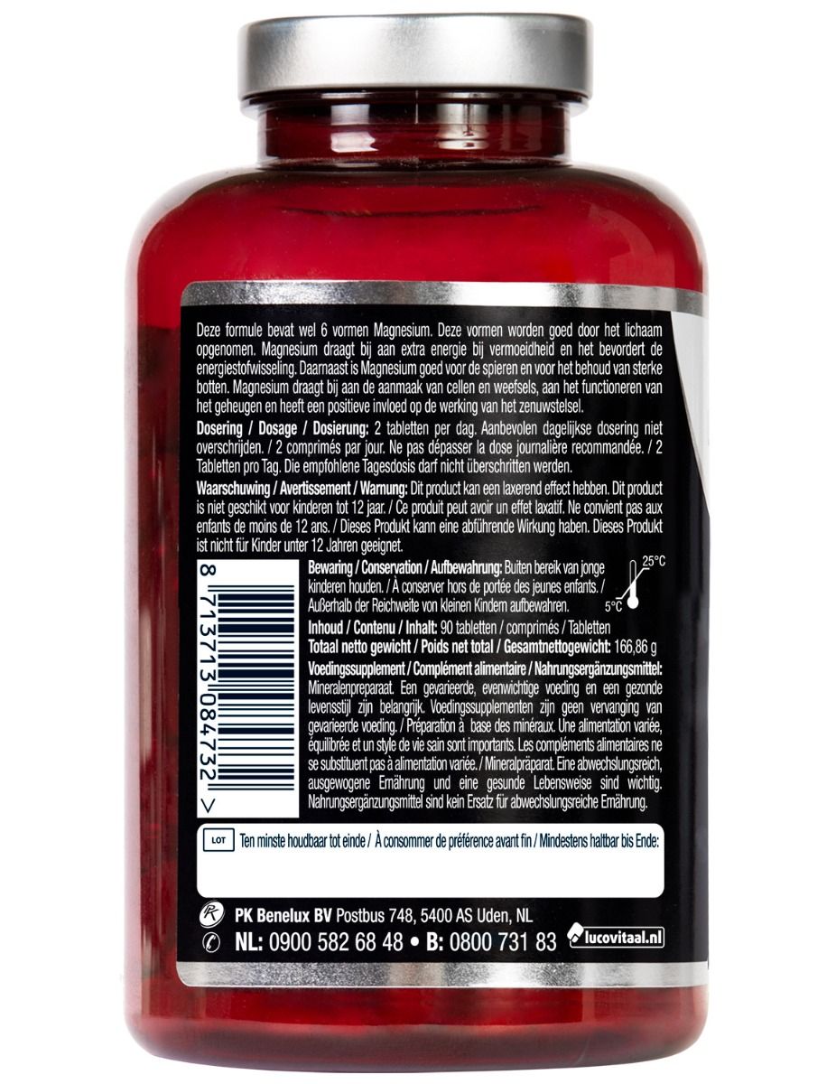 Dos d'une bouteille rouge avec comprimés blancs. Étiquette avec informations. Texte en néerlandais. Contient 90 comprimés.