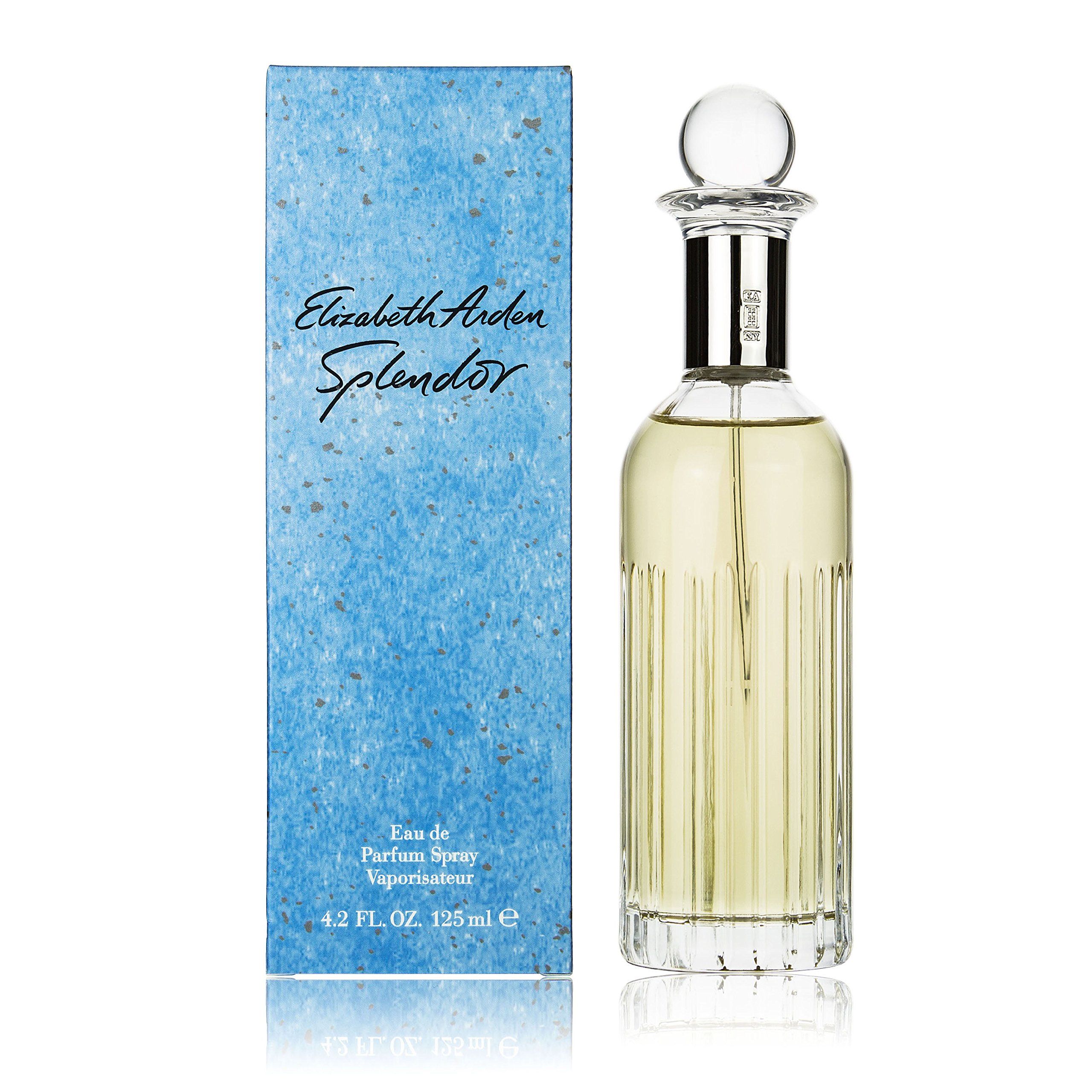 Flacon et boîte Elizabeth Arden Splendor. Flacon avec col argenté et bouchon boule. Boîte bleue avec texte.