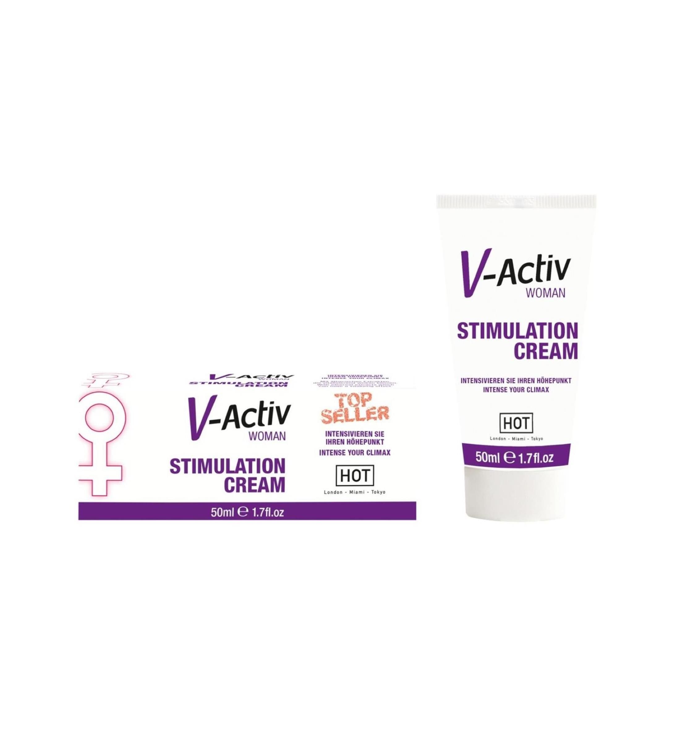Stimulerende crème in tube en doos. Opschrift: V-Activ Woman, Stimulation Cream, Hot. Verpakking met vrouwelijk symbool.