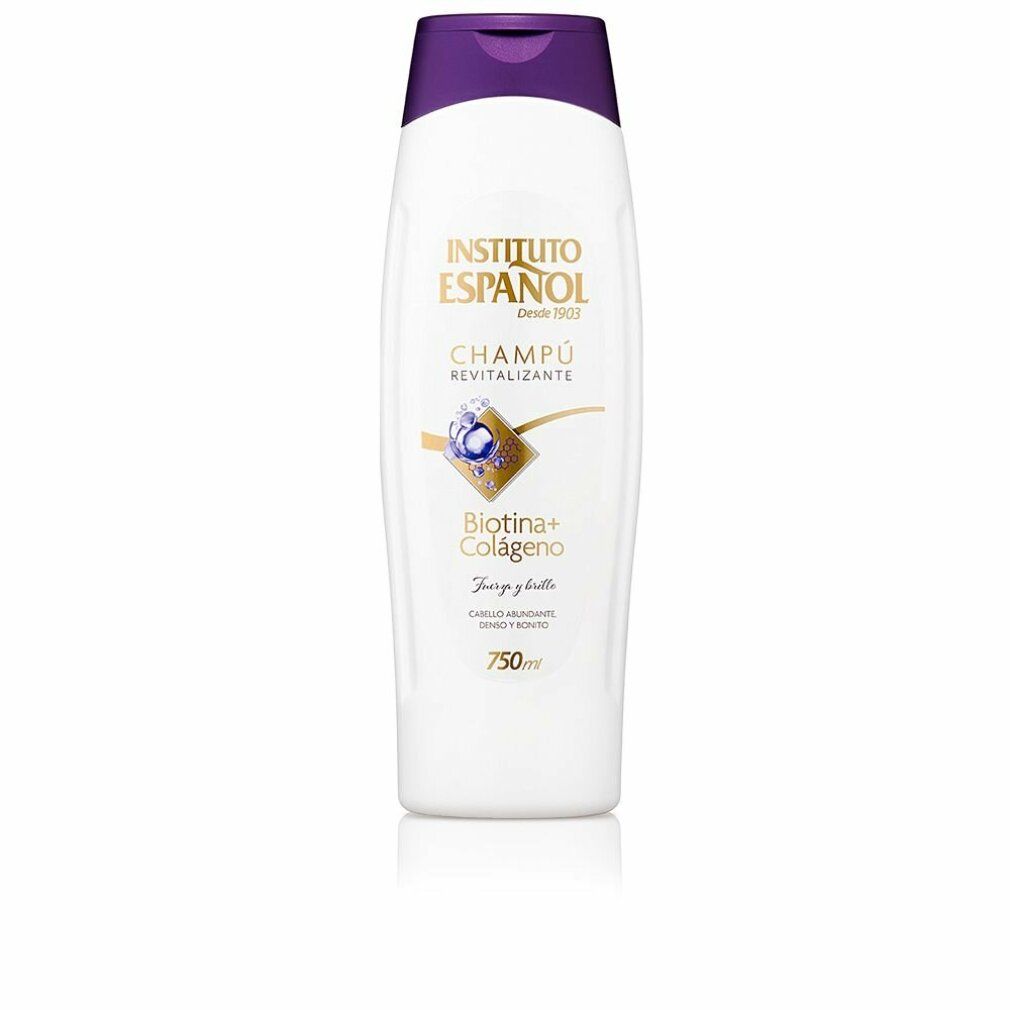 Flacon blanc avec bouchon violet, inscription "Instituto Español Champú Revitalizante Biotin+Colágeno".